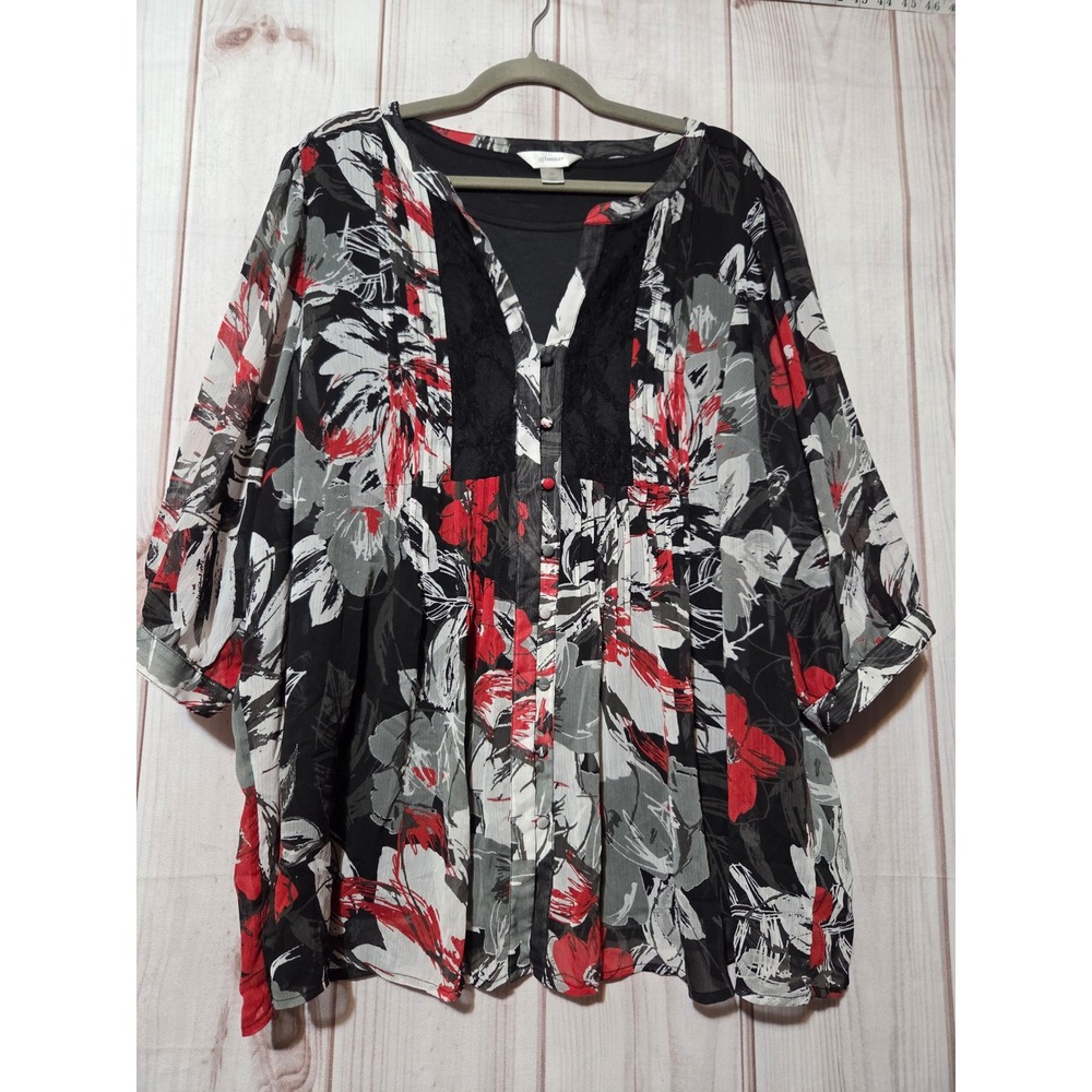 CJ Banks Womens 3X Floral Chiffon Blouse Red Black Lace Trim Button Front Top